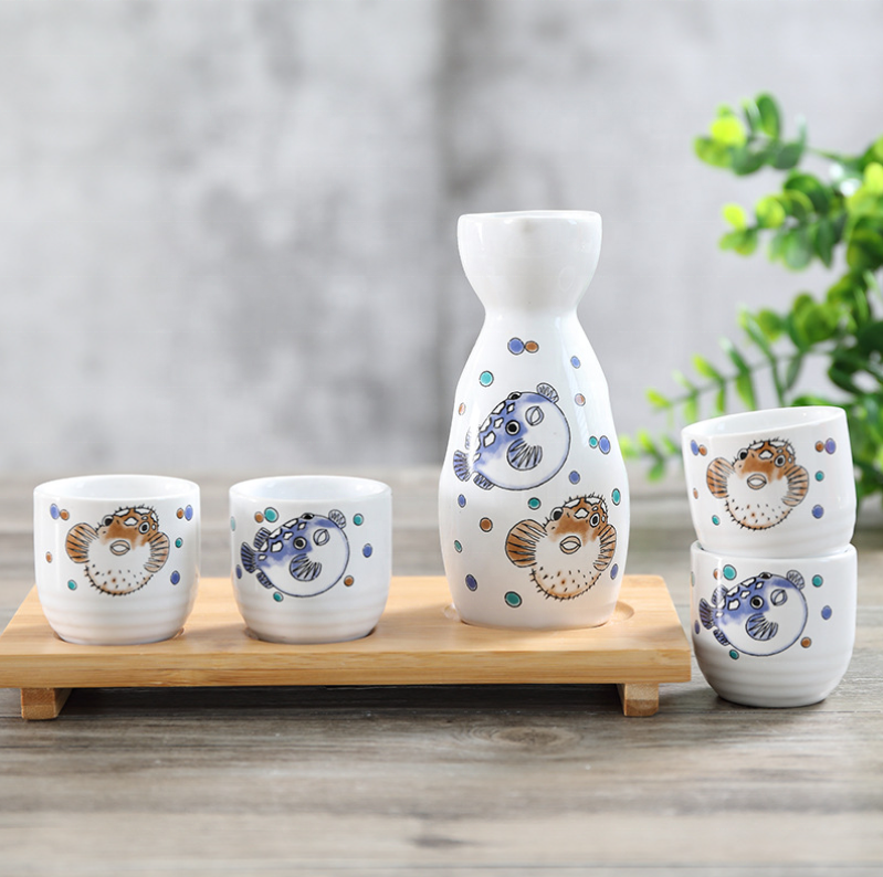 Hancai Japanese Ceramic Sake Wine Bottle Set a Pot of Four Cups Gift Box