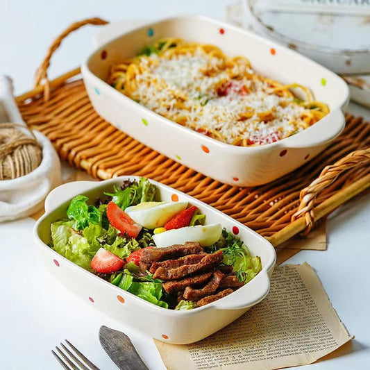 Hancai Microwave Oven Ceramic Dinner Plates Porcelain Dot Dish Baking Plate With Handle