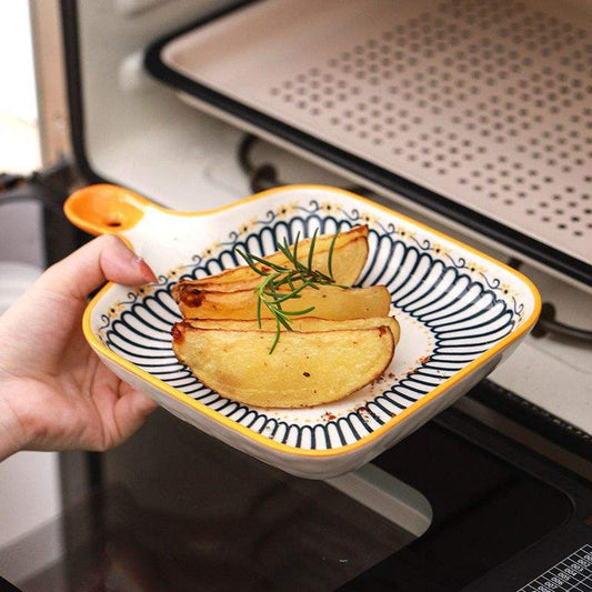 Hancai Ceramic Single Handle Dish Nordic square Dish Baking Pan Cheese Plate Dinner Plate Creative Retro Baking Pan with Handle Plate