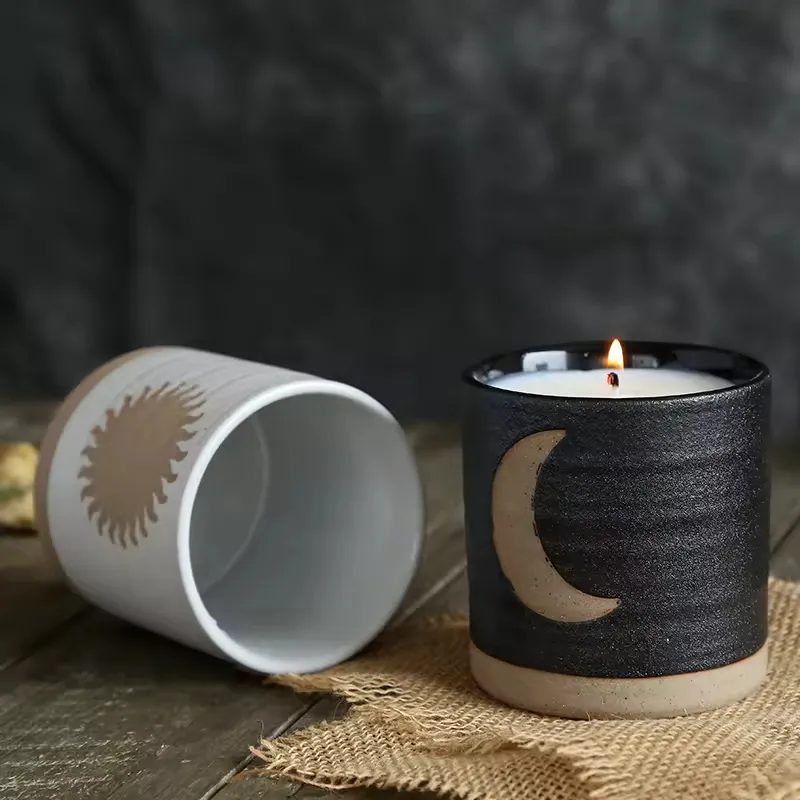 European Style Gift Crafts Sun Moon Pattern Frosted Matte Black White Unique Decorative Luxury Candle Jar