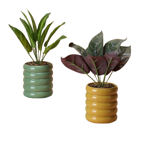 Hancai Cheap Small Ceramic Flower Pot Indoor Round Shape Flower Pots With Plastic Greenery