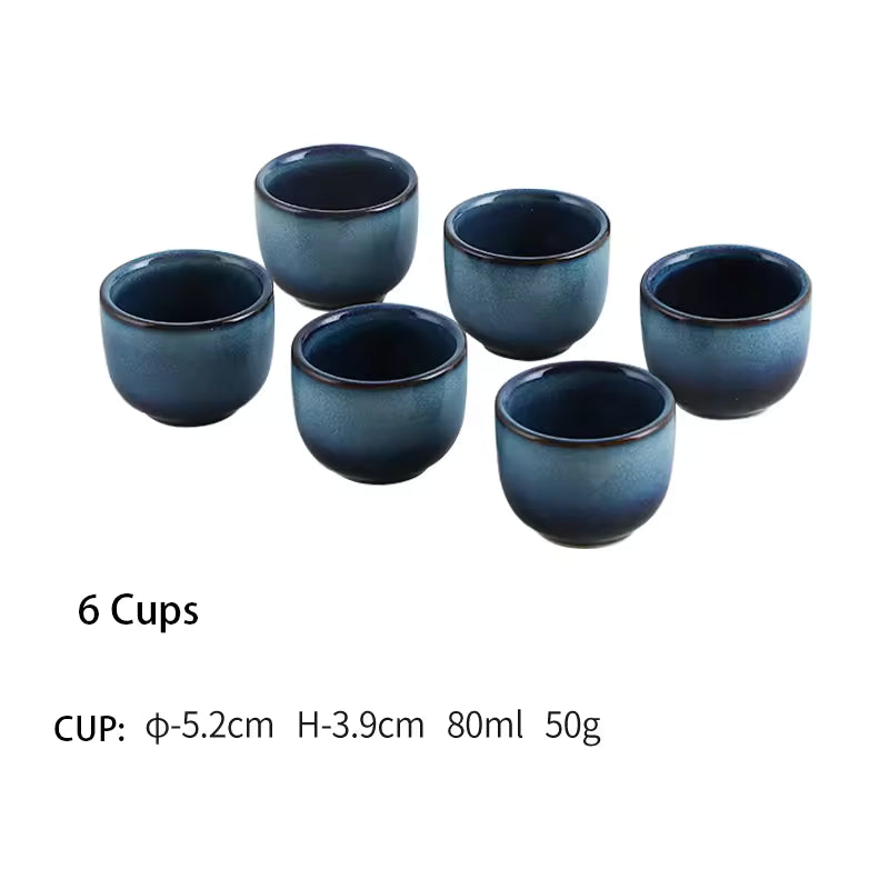 Hancai Klin Change Blue Ceramic Ochoko Sake Wine Bottle with 6 Cups Set Sushi Restaurant Drinkware