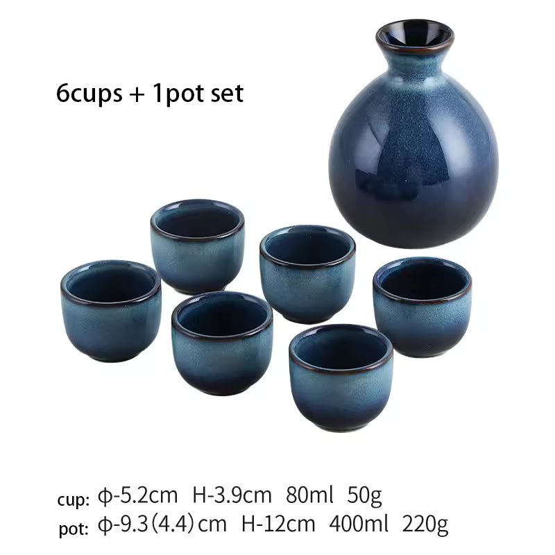 Hancai Klin Change Blue Ceramic Ochoko Sake Wine Bottle with 6 Cups Set Sushi Restaurant Drinkware