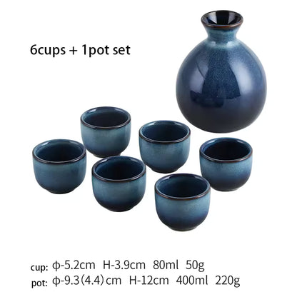 Hancai Klin Change Blue Ceramic Ochoko Sake Wine Bottle with 6 Cups Set Sushi Restaurant Drinkware