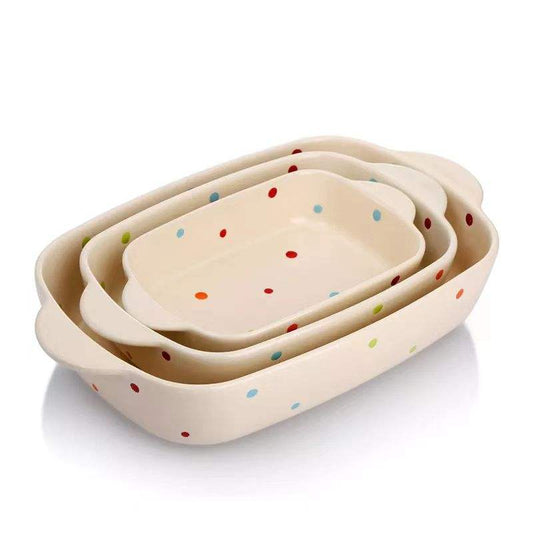 Hancai Microwave Oven Ceramic Dinner Plates Porcelain Dot Dish Baking Plate With Handle