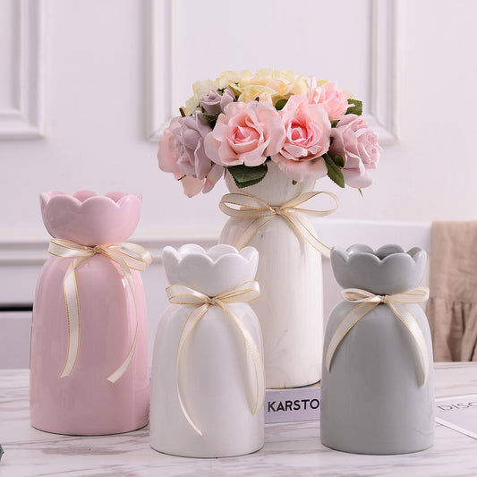 Hancai Ceramic Vase with Ribbon Aesthetic Boho Modern Cute Flower Vases for Decor Living Room Coffee Table Shelf Office Desk Home