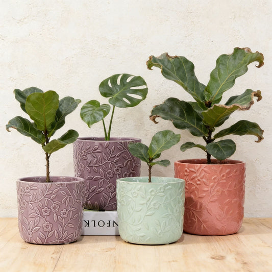 Hancai Floral Embossed Ceramic Plant Pot Multi-Color Modern Home Decor Customizable Set - Pastel Color Planters for Indoor Houseplants