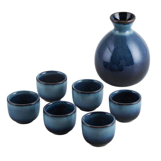 Hancai Klin Change Blue Ceramic Ochoko Sake Wine Bottle with 6 Cups Set Sushi Restaurant Drinkware
