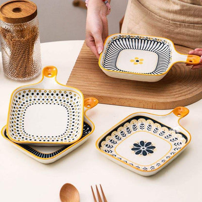 Hancai Ceramic Single Handle Dish Nordic square Dish Baking Pan Cheese Plate Dinner Plate Creative Retro Baking Pan with Handle Plate