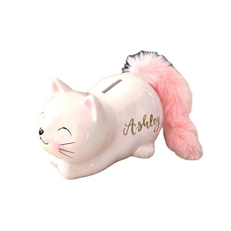 Hancai Personalized Pink Cat Piggy Bank Ceramic Cat Money Coin Bank