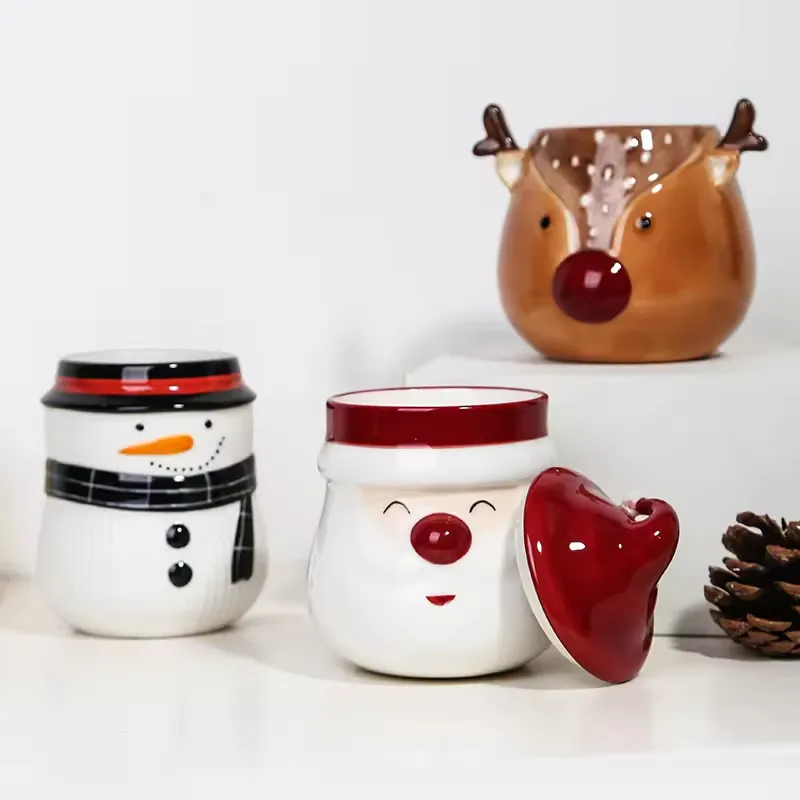 Christmas Decoration Unique Design Ceramic Candle Vessel Fancy Santa Claus Empty Custom Candle Jar with Lid