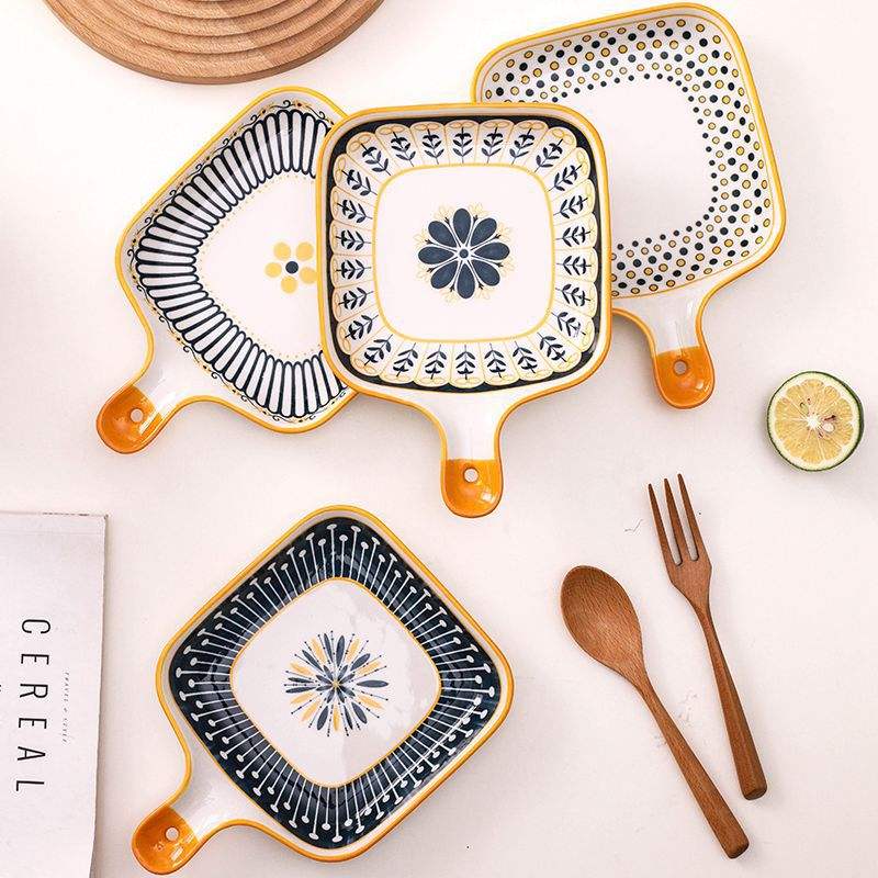 Hancai Ceramic Single Handle Dish Nordic square Dish Baking Pan Cheese Plate Dinner Plate Creative Retro Baking Pan with Handle Plate