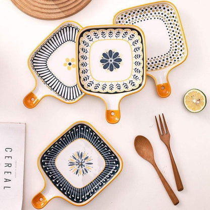 Hancai Ceramic Single Handle Dish Nordic square Dish Baking Pan Cheese Plate Dinner Plate Creative Retro Baking Pan with Handle Plate
