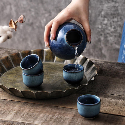 Hancai Klin Change Blue Ceramic Ochoko Sake Wine Bottle with 6 Cups Set Sushi Restaurant Drinkware