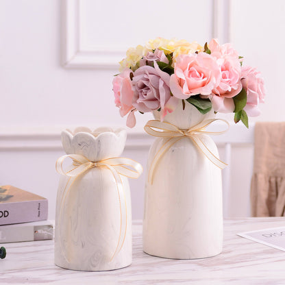 Hancai Ceramic Vase with Ribbon Aesthetic Boho Modern Cute Flower Vases for Decor Living Room Coffee Table Shelf Office Desk Home