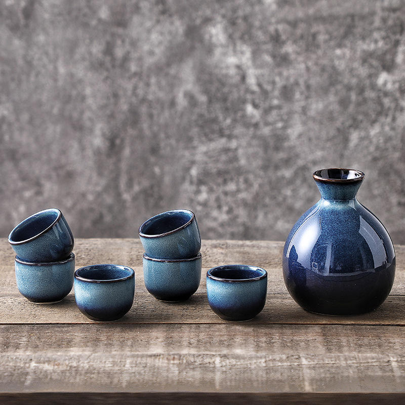 Hancai Klin Change Blue Ceramic Ochoko Sake Wine Bottle with 6 Cups Set Sushi Restaurant Drinkware