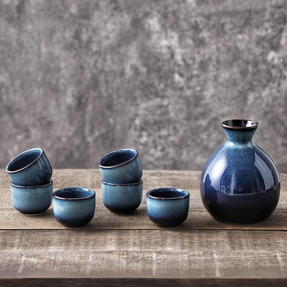 Hancai Klin Change Blue Ceramic Ochoko Sake Wine Bottle with 6 Cups Set Sushi Restaurant Drinkware