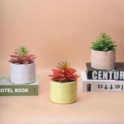 Hancai Cheap Small Ceramic Flower Pot Indoor Round Shape Flower Pots With Plastic Greenery