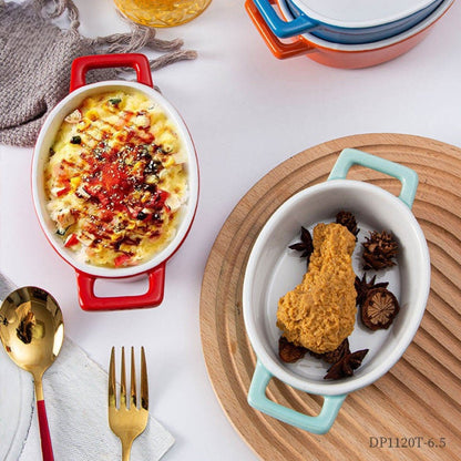 Hancai Nordic Style Binaural Oval Plate Household Cheese Baked Rice Plate Solid Color Ceramic Baking Tray Ceramic Restaurant Set