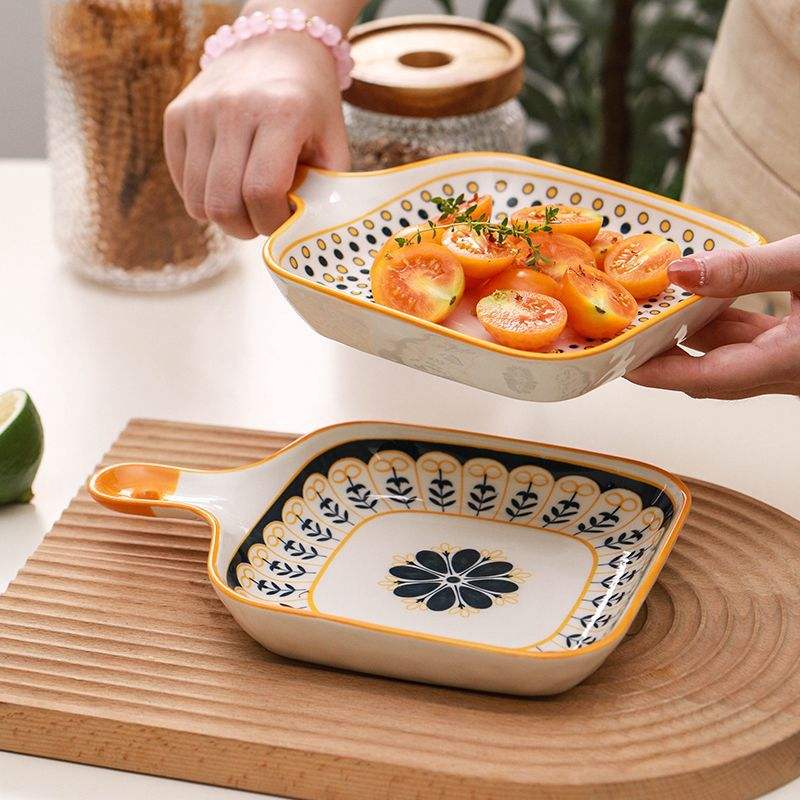 Hancai Ceramic Single Handle Dish Nordic square Dish Baking Pan Cheese Plate Dinner Plate Creative Retro Baking Pan with Handle Plate