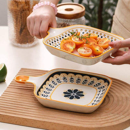 Hancai Ceramic Single Handle Dish Nordic square Dish Baking Pan Cheese Plate Dinner Plate Creative Retro Baking Pan with Handle Plate