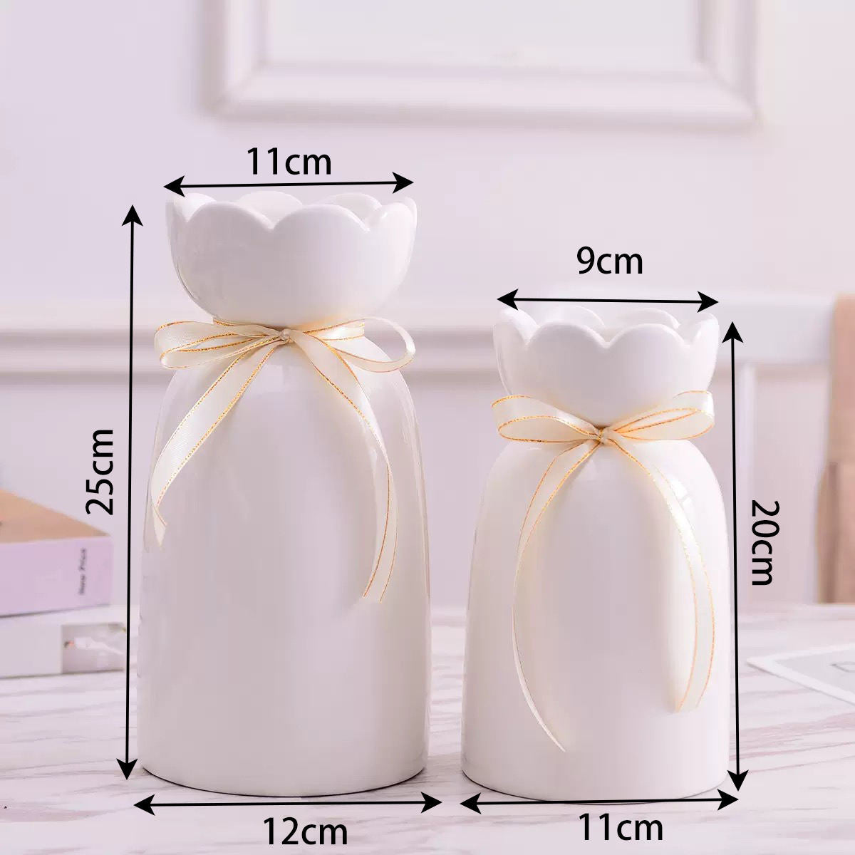 Hancai Ceramic Vase with Ribbon Aesthetic Boho Modern Cute Flower Vases for Decor Living Room Coffee Table Shelf Office Desk Home