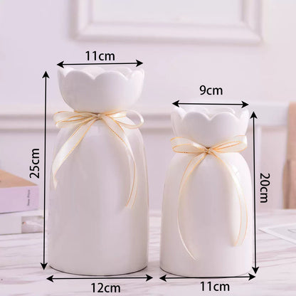 Hancai Ceramic Vase with Ribbon Aesthetic Boho Modern Cute Flower Vases for Decor Living Room Coffee Table Shelf Office Desk Home