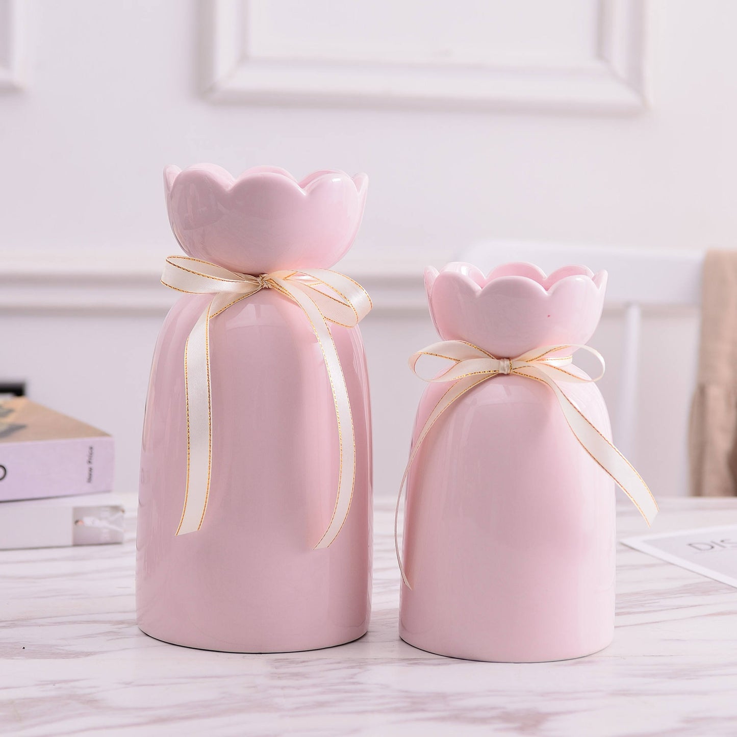 Hancai Ceramic Vase with Ribbon Aesthetic Boho Modern Cute Flower Vases for Decor Living Room Coffee Table Shelf Office Desk Home