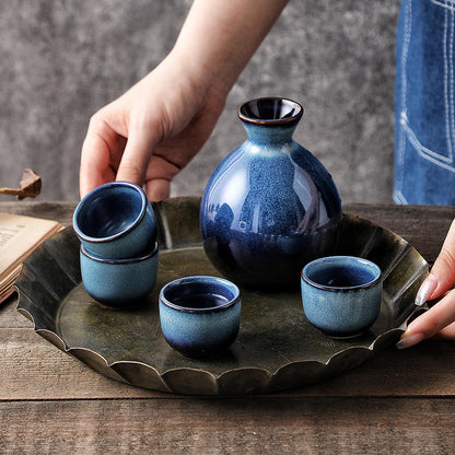 Hancai Klin Change Blue Ceramic Ochoko Sake Wine Bottle with 6 Cups Set Sushi Restaurant Drinkware