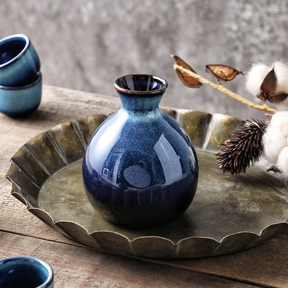 Hancai Klin Change Blue Ceramic Ochoko Sake Wine Bottle with 6 Cups Set Sushi Restaurant Drinkware