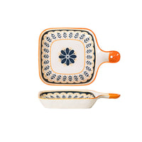 Hancai Ceramic Single Handle Dish Nordic square Dish Baking Pan Cheese Plate Dinner Plate Creative Retro Baking Pan with Handle Plate