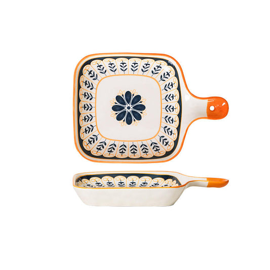 Hancai Ceramic Single Handle Dish Nordic square Dish Baking Pan Cheese Plate Dinner Plate Creative Retro Baking Pan with Handle Plate