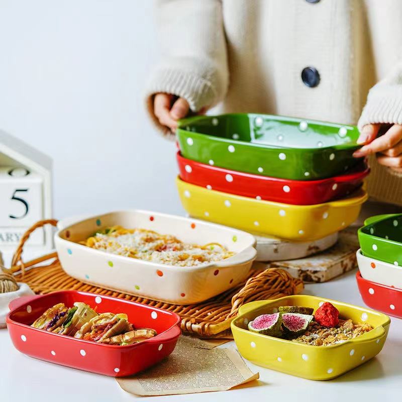 Hancai Microwave Oven Ceramic Dinner Plates Porcelain Dot Dish Baking Plate With Handle