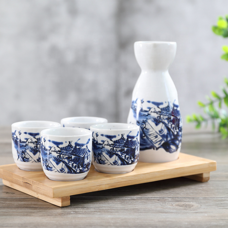 Hancai Japanese Ceramic Sake Wine Bottle Set a Pot of Four Cups Gift Box