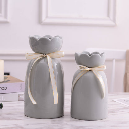 Hancai Ceramic Vase with Ribbon Aesthetic Boho Modern Cute Flower Vases for Decor Living Room Coffee Table Shelf Office Desk Home