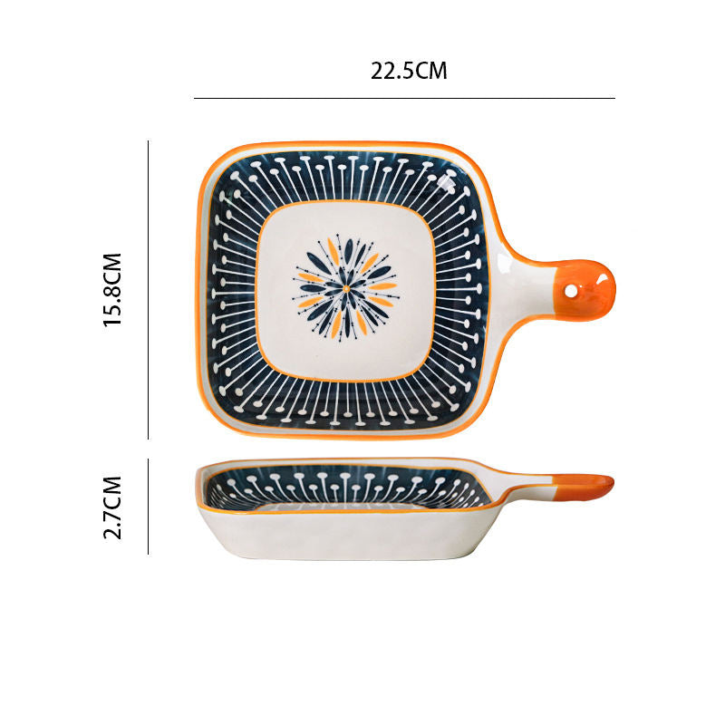 Hancai Ceramic Single Handle Dish Nordic square Dish Baking Pan Cheese Plate Dinner Plate Creative Retro Baking Pan with Handle Plate