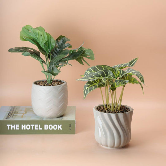 Hancai Cheap Small Ceramic Flower Pot Indoor Round Shape Flower Pots With Plastic Greenery