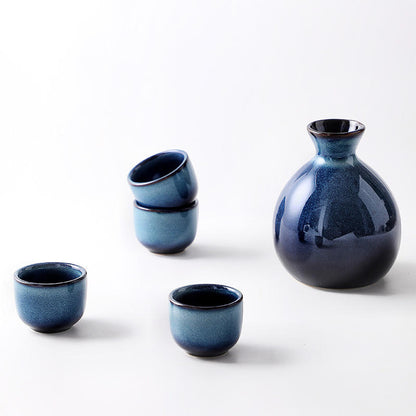 Hancai Klin Change Blue Ceramic Ochoko Sake Wine Bottle with 6 Cups Set Sushi Restaurant Drinkware