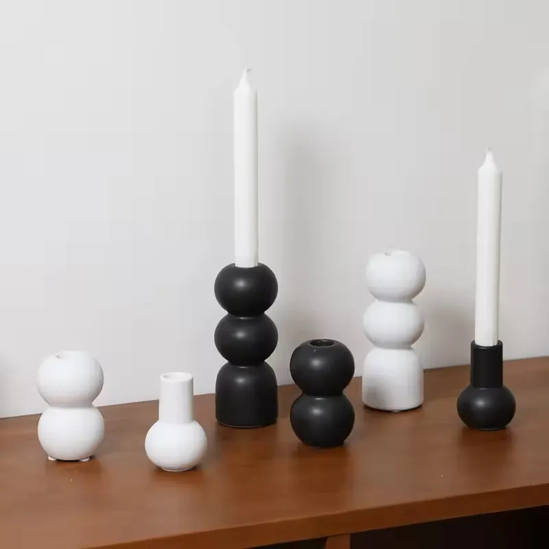 Vintage Furniture Home Tabletop Candle Holder Base Centerpiece Black and White Ceramic Candle Holder