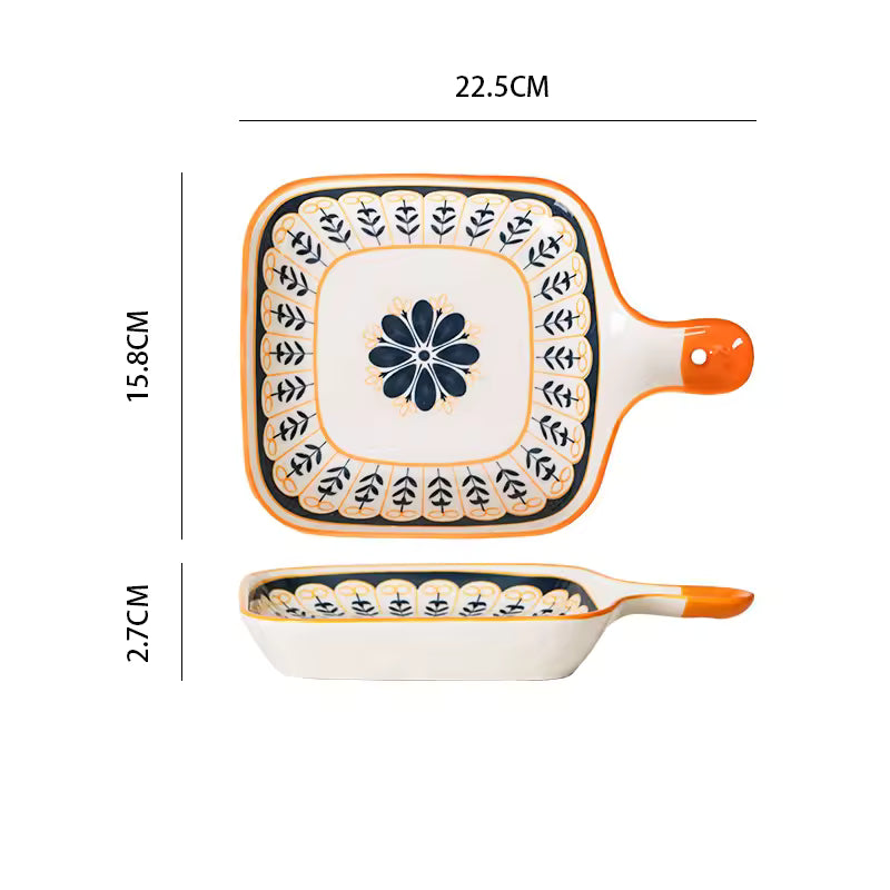 Hancai Ceramic Single Handle Dish Nordic square Dish Baking Pan Cheese Plate Dinner Plate Creative Retro Baking Pan with Handle Plate