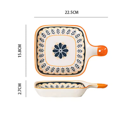 Hancai Ceramic Single Handle Dish Nordic square Dish Baking Pan Cheese Plate Dinner Plate Creative Retro Baking Pan with Handle Plate