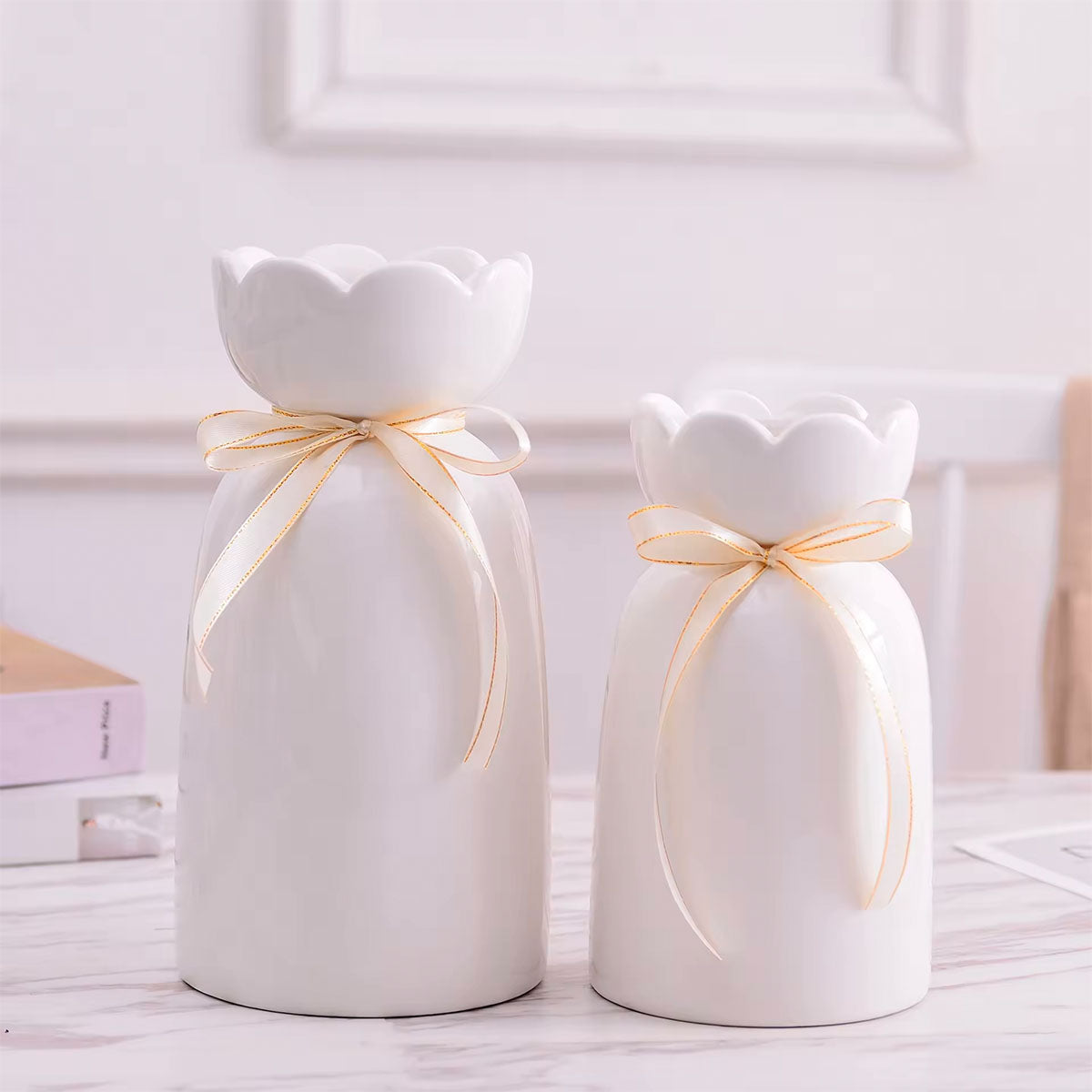 Hancai Ceramic Vase with Ribbon Aesthetic Boho Modern Cute Flower Vases for Decor Living Room Coffee Table Shelf Office Desk Home