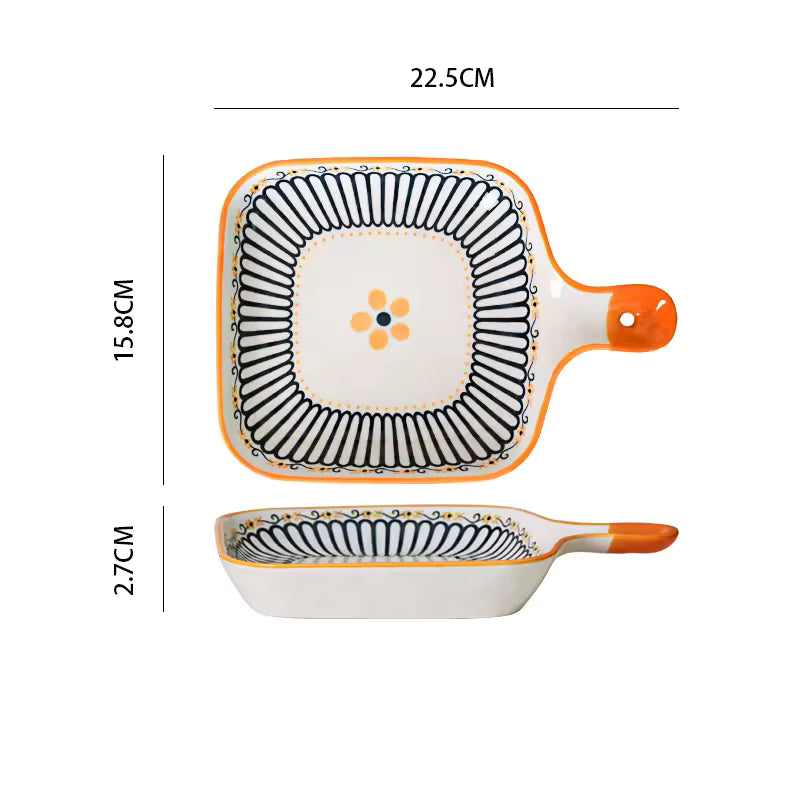 Hancai Ceramic Single Handle Dish Nordic square Dish Baking Pan Cheese Plate Dinner Plate Creative Retro Baking Pan with Handle Plate