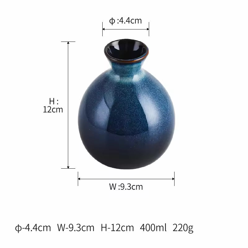 Hancai Klin Change Blue Ceramic Ochoko Sake Wine Bottle with 6 Cups Set Sushi Restaurant Drinkware