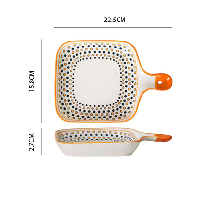 Hancai Ceramic Single Handle Dish Nordic square Dish Baking Pan Cheese Plate Dinner Plate Creative Retro Baking Pan with Handle Plate