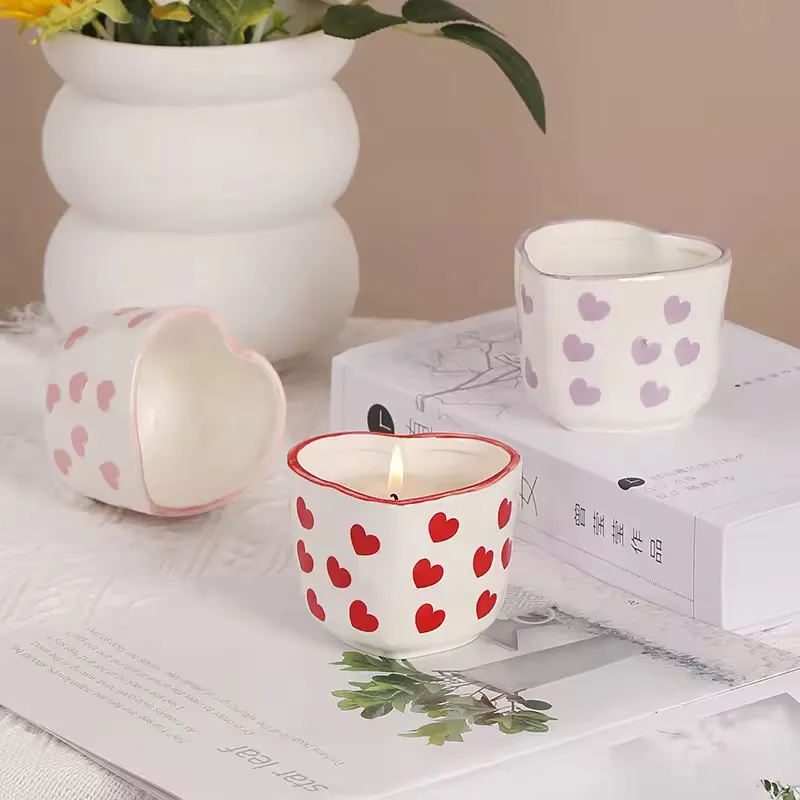 Minimalist Heart Shape Morandi Style Empty Ceramic Candle Cup Custom Logo Luxury Ceramic Candle Jars