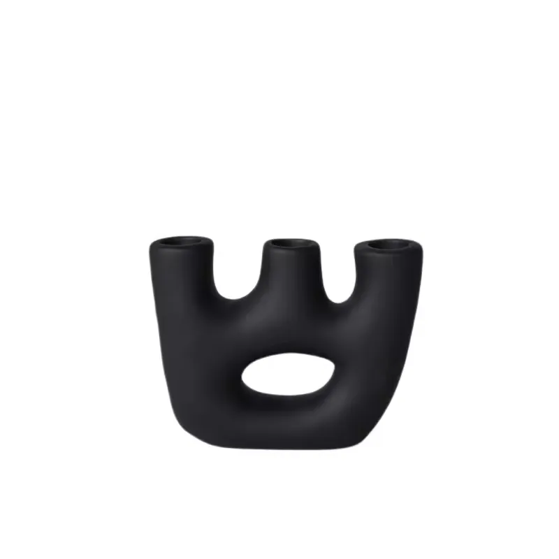 Factory Direct Home Decoration Handmade Grouted Matte Black Ceramic Candle Holders